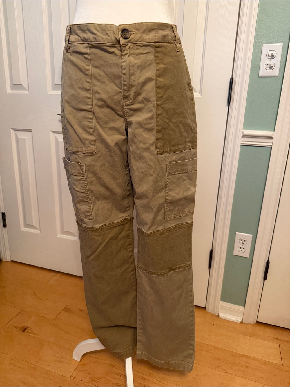 CAbi Women's Cargo Patchwork Pants in Olive and Tan